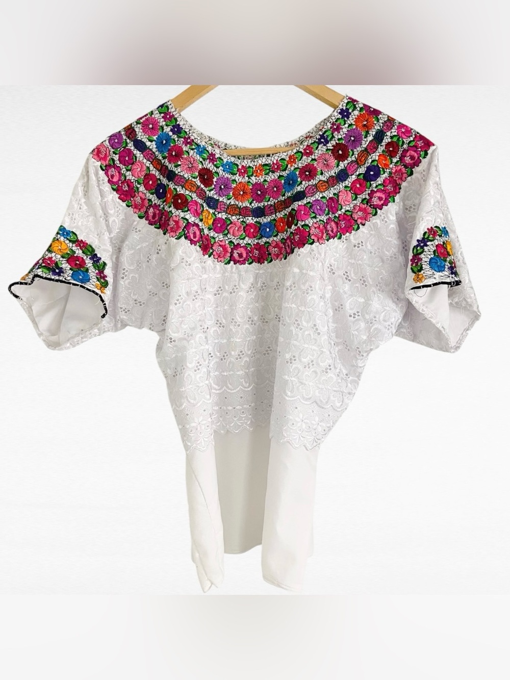 Handmade Guatemalan Embroidered Huipil White Eyelet Floral Boho Artisan Top